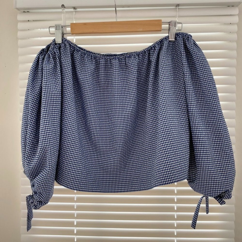 Zara Gingham Off The Shoulder Puff Sleeve Blue Blouse